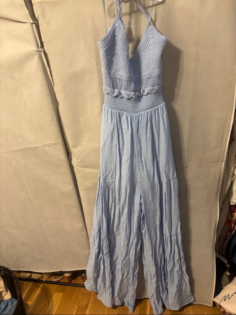 Light Blue Smocked Crochet Bodice Maxi Dress